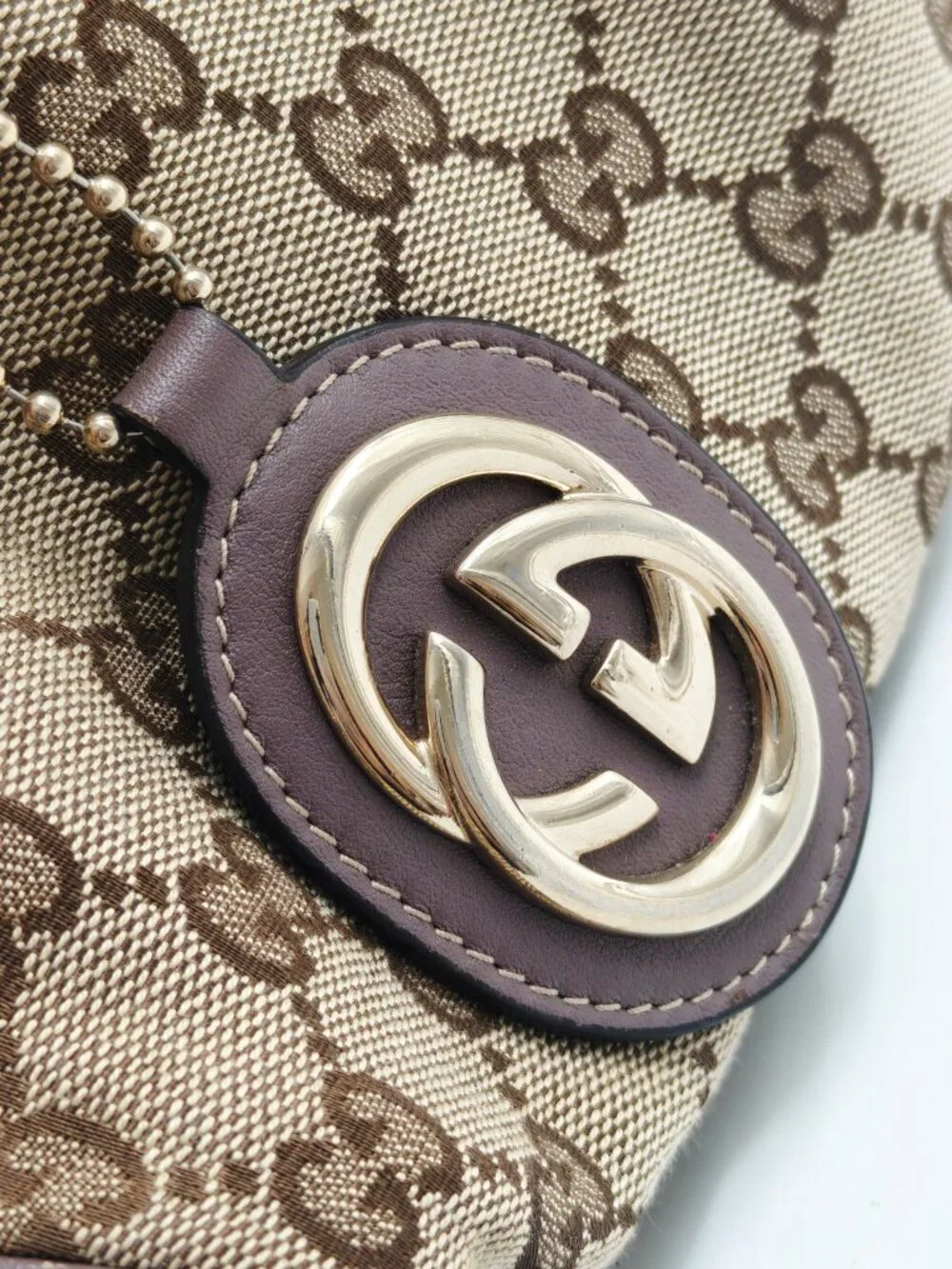 Gucci GG Canvas Sukey Large Shoulder Bag Beige Brown Monogram Leather Trim